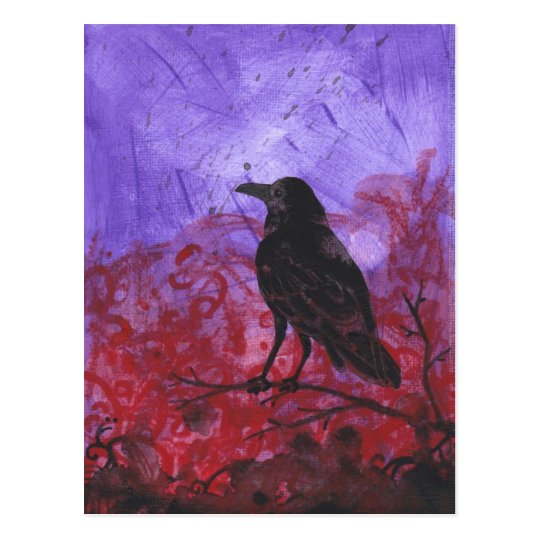 Raven on Red + Purple abstract crow art postcard