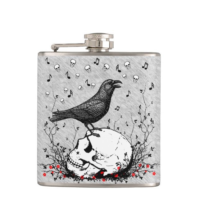 Raven on Skull Illustration Hip Flask (Front)