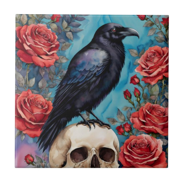 Raven On Skull Red Roses At Night Ceramic Tile (Front)