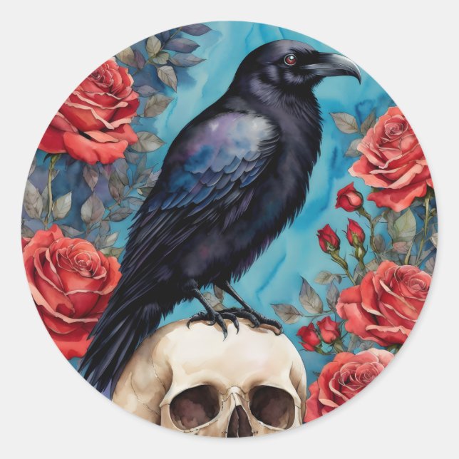 Raven On Skull Red Roses Night Classic Round Sticker (Front)