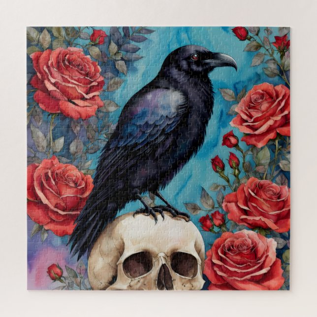 Raven On Skull Red Roses Teal Background Jigsaw Puzzle (Vertical)