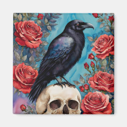 Raven On Skull Red Roses Teal Background Magnet