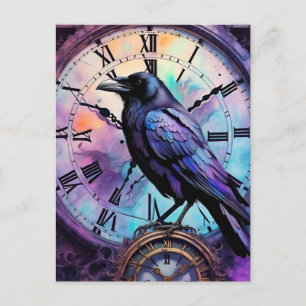 Raven on the Clock Watercolor Postcard