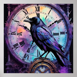 Raven on the Clock Watercolor Poster