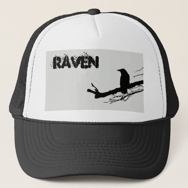 Raven on the Tree Black and White Trucker Hat (Front)