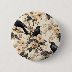 Raven pattern crow floral trees 6 cm round badge