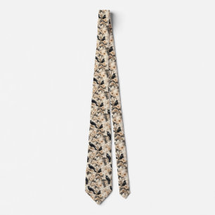 Raven pattern crow floral trees tie