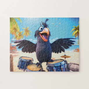 Raven Playing Drums On Tropical Beach Jigsaw Puzzle