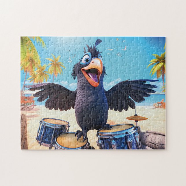 Raven Playing Drums On Tropical Beach Jigsaw Puzzle (Horizontal)