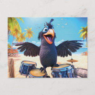 Raven Playing Drums On Tropical Beach Postcard
