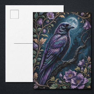 Raven purple botanical moonlight art postcard
