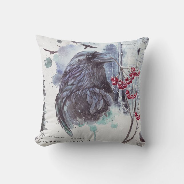 Raven Red Berries Abstract Watercolor Splash Cushion (Front)