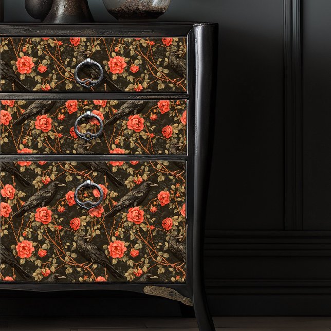 Raven Red Rose Bramble Illustration Dark Gothic  Tissue Paper (Creator Uploaded)