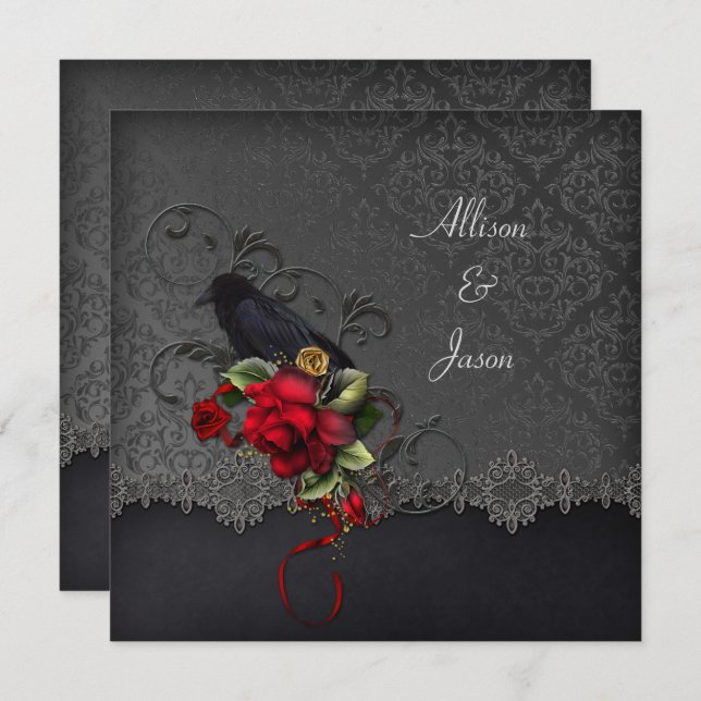 Raven Red Roses Black Grey Damask Invitation (Front/Back)