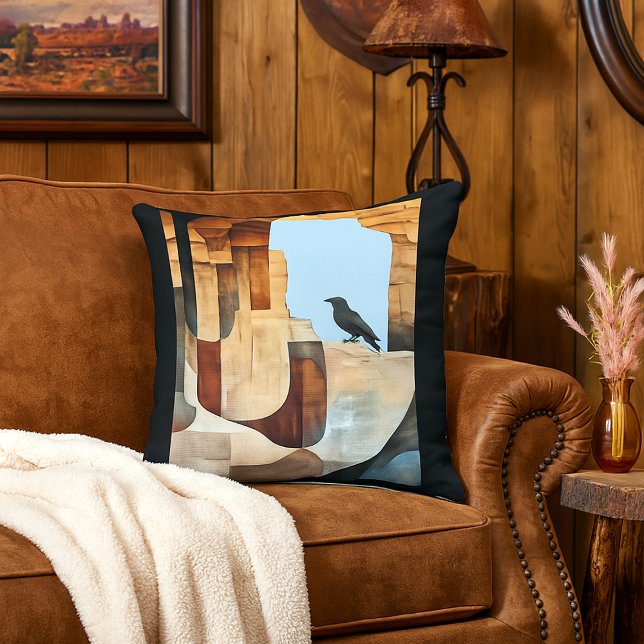 Raven Remembers the Ancestors Southwestern Style Cushion (western style living room with native american inspired raven throw pillow
)
