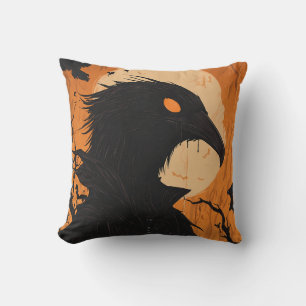 Raven Silhouette Full Moon Black Orange Halloween  Cushion