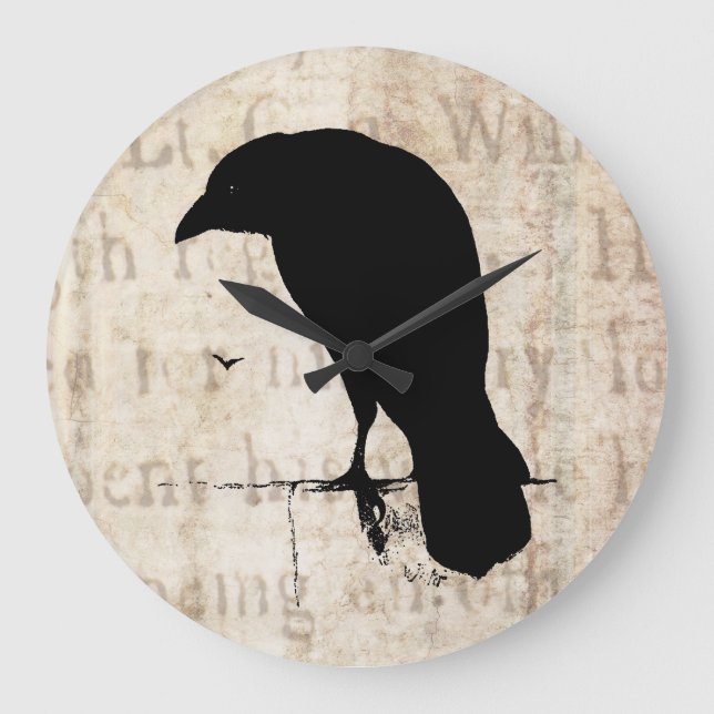 Raven Silhouette - Vintage Retro Ravens & Crows Large Clock (Front)