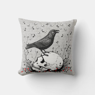Raven Sings Song of Death on Skull Illustration Cushion