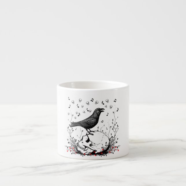 Raven Sings Song of Death on Skull Illustration Espresso Cup (Front)