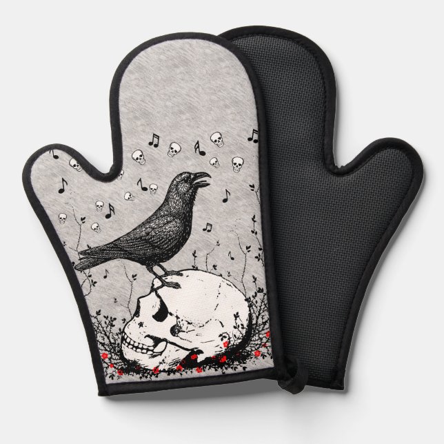 Raven Sings Song of Death on Skull Illustration Oven Mitt (Front/Back)