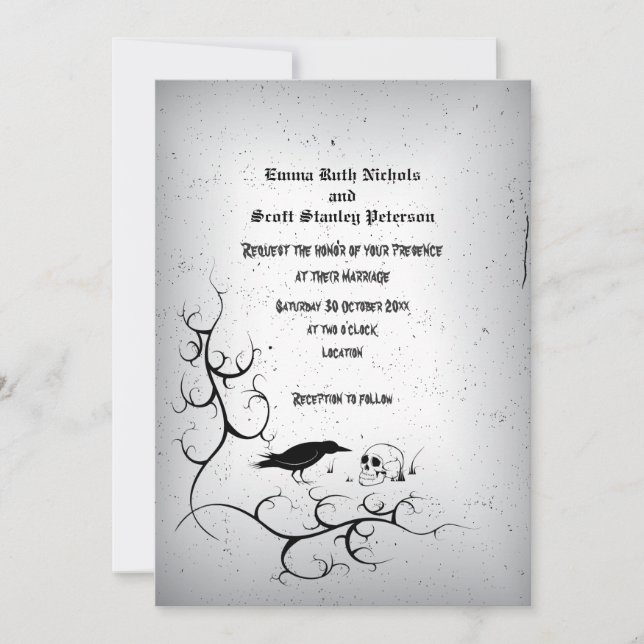 Raven, skull and ornate Gothic grey wedding Invitation (Front)