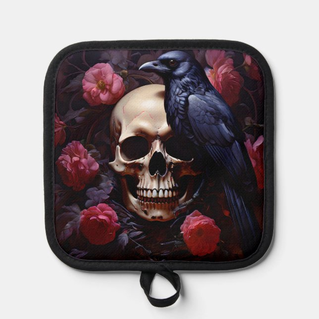 Raven Skull and Roses Pot Holder (Front)