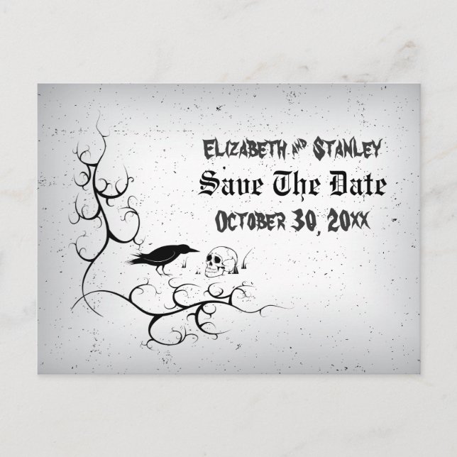 Raven skull Halloween Gothic wedding Save the Date Announcement Postcard (Front)