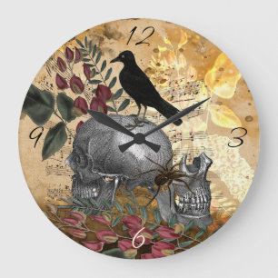 Raven Skulls and Spider Large Clock
