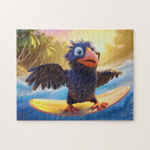 Raven Surfing In Tropical Paradise With Palm Trees Jigsaw Puzzle