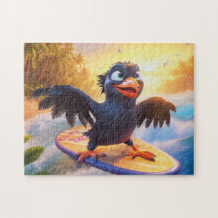 Raven Surfing On Tropical Beach With Wings Spread Jigsaw Puzzle
