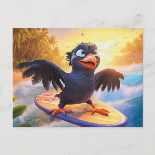 Raven Surfing On Tropical Beach With Wings Spread Postcard (Front)