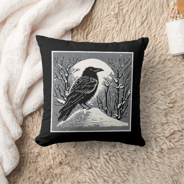 Raven: Talkeetna, Alaska black and white Cushion (Blanket)