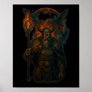 Raven Viking Halloween Design Norse Sorcerer Moon  Poster