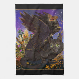 Raven Winged Autumn Magic Cat Tea Towel