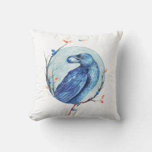 Raven with a berry in its beak watercolor cushion