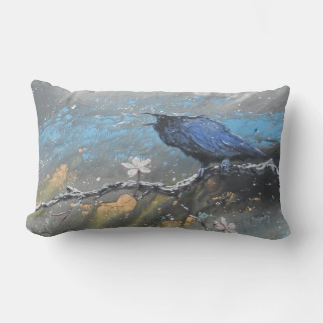 Raven with cherry blossoms in snow lumbar cushion (Front)