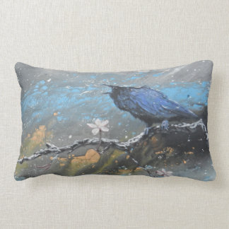 Raven with cherry blossoms in snow lumbar cushion