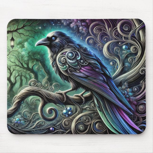 Raven with Iridescent Feathers in Enchanted Forest Mouse Pad (Front)
