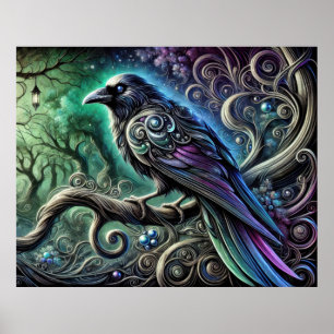 Raven with Iridescent Feathers in Enchanted Forest Poster
