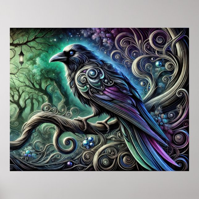 Raven with Iridescent Feathers in Enchanted Forest Poster (Front)