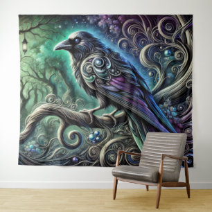 Raven with Iridescent Feathers in Enchanted Forest Tapestry