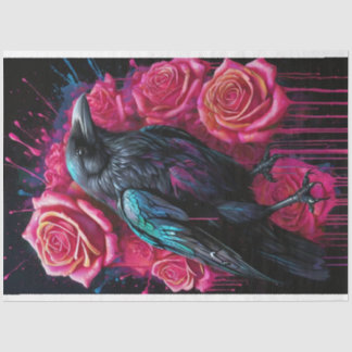 Raven with Neon Pink Roses Pop Art Decoupage  Tissue Paper