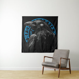 Raven with Norse Runes - Dark Art Tapestry