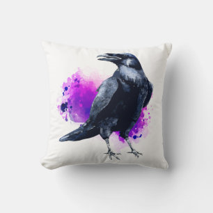 Raven With Purple Watercolor Splash Background Cushion