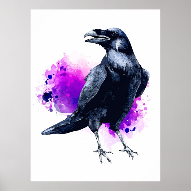 Raven With Purple Watercolor Splash Background Poster (Front)