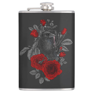 Raven with the key and roses hip flask