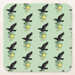 Raven with Yellow Rose Square Paper Coaster