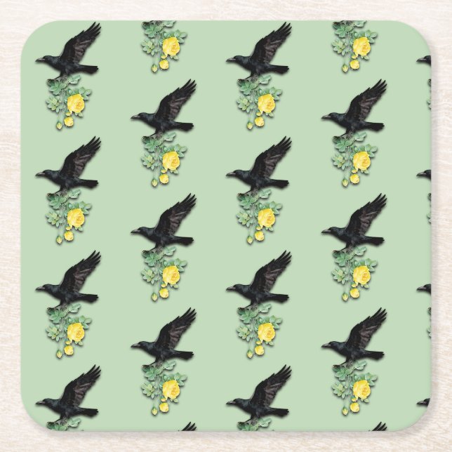 Raven with Yellow Rose Square Paper Coaster (Front)