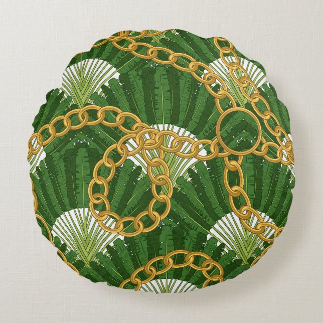 Ravenala & Gold Chains: Vintage Elegance Round Cushion (Front)