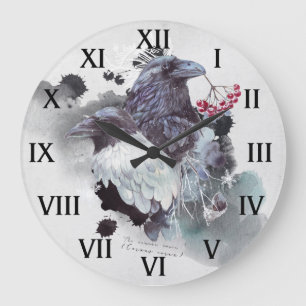 Ravens Abstract Watercolor Background Round   Large Clock